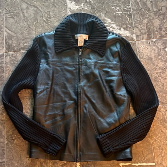 Sutton studio black leather zipper crapped sweater jack - Picture 1 of 6